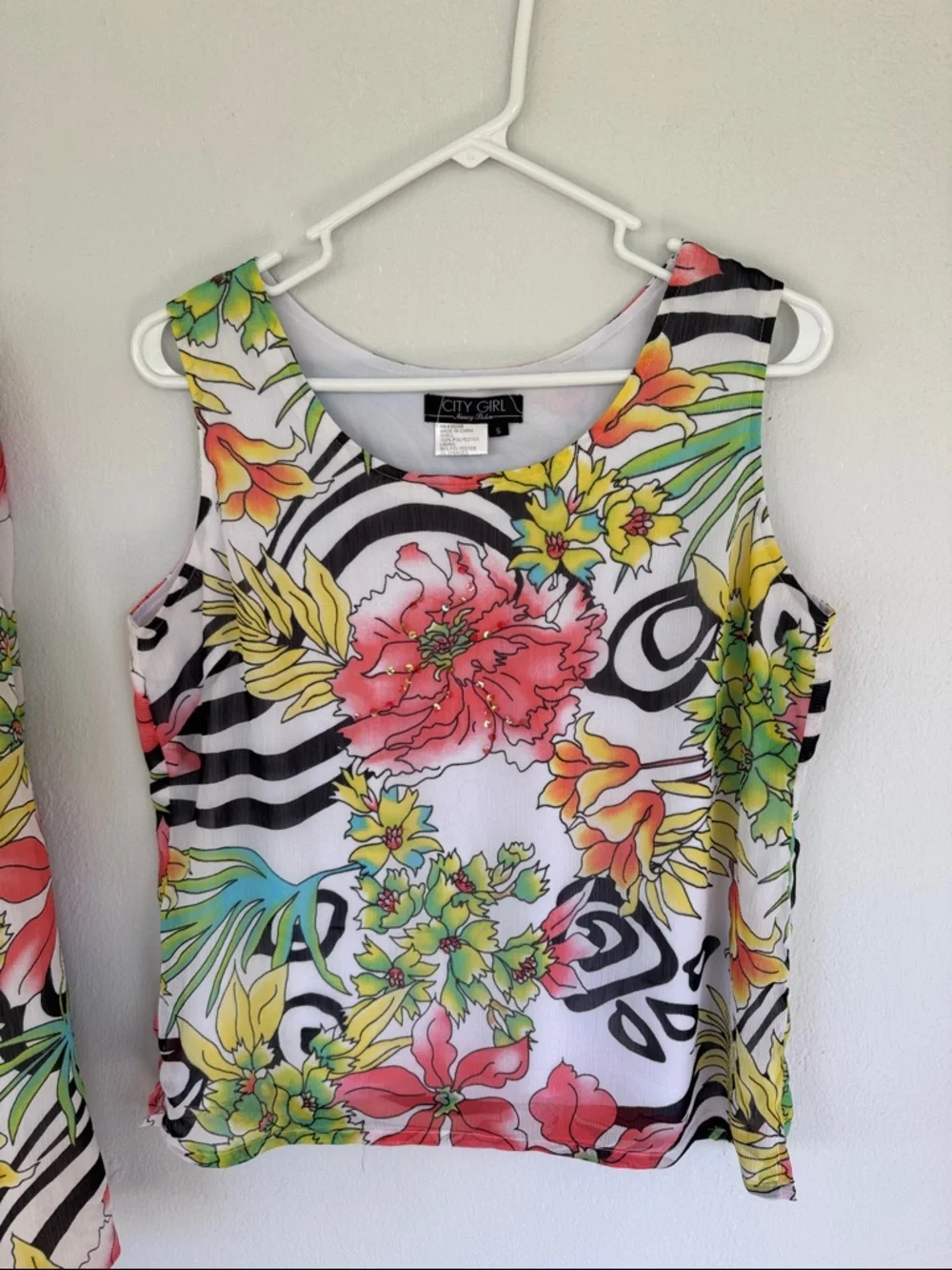 City Girl Nancy Bolen white pink tropical floral matching jacket tank set S/M